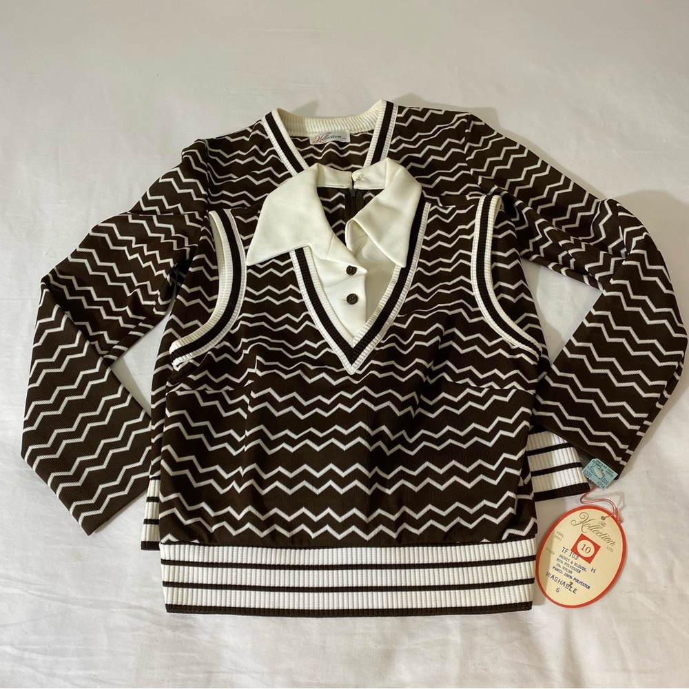 Vintage The Kollection Jacket and Blouse Set Brown White Stripes 70's Career 2pc